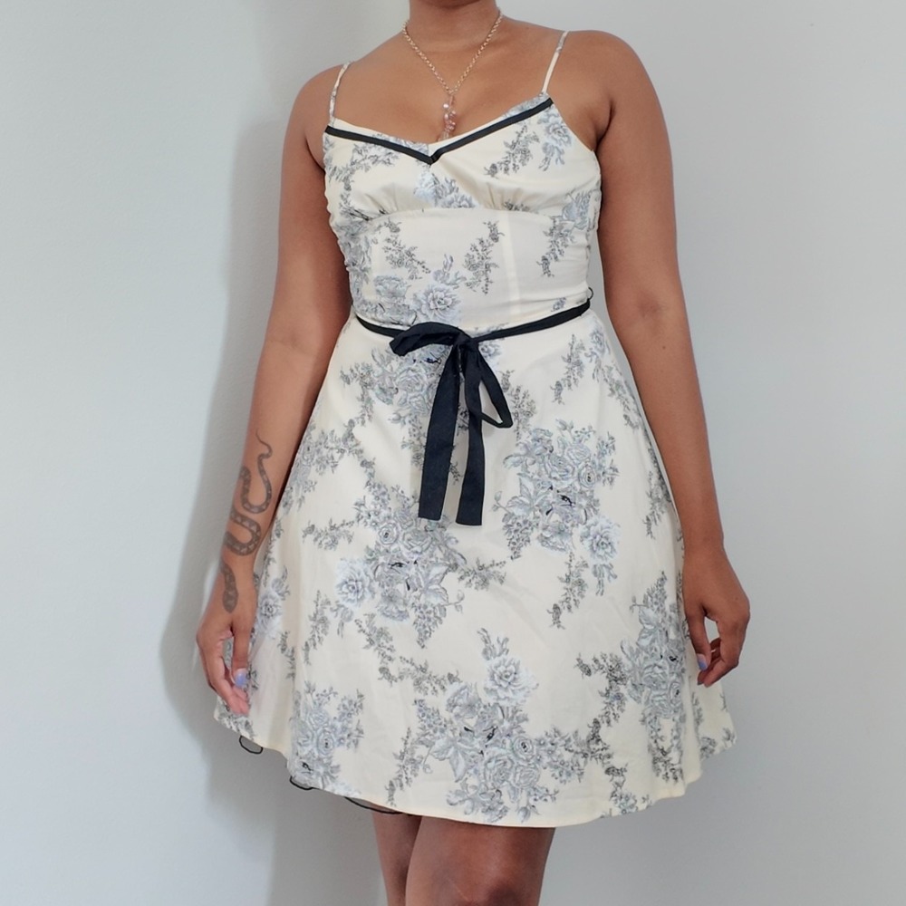 Y2K City Triangles Cream Floral Print Tulle Sundress Tie Waist Size 5